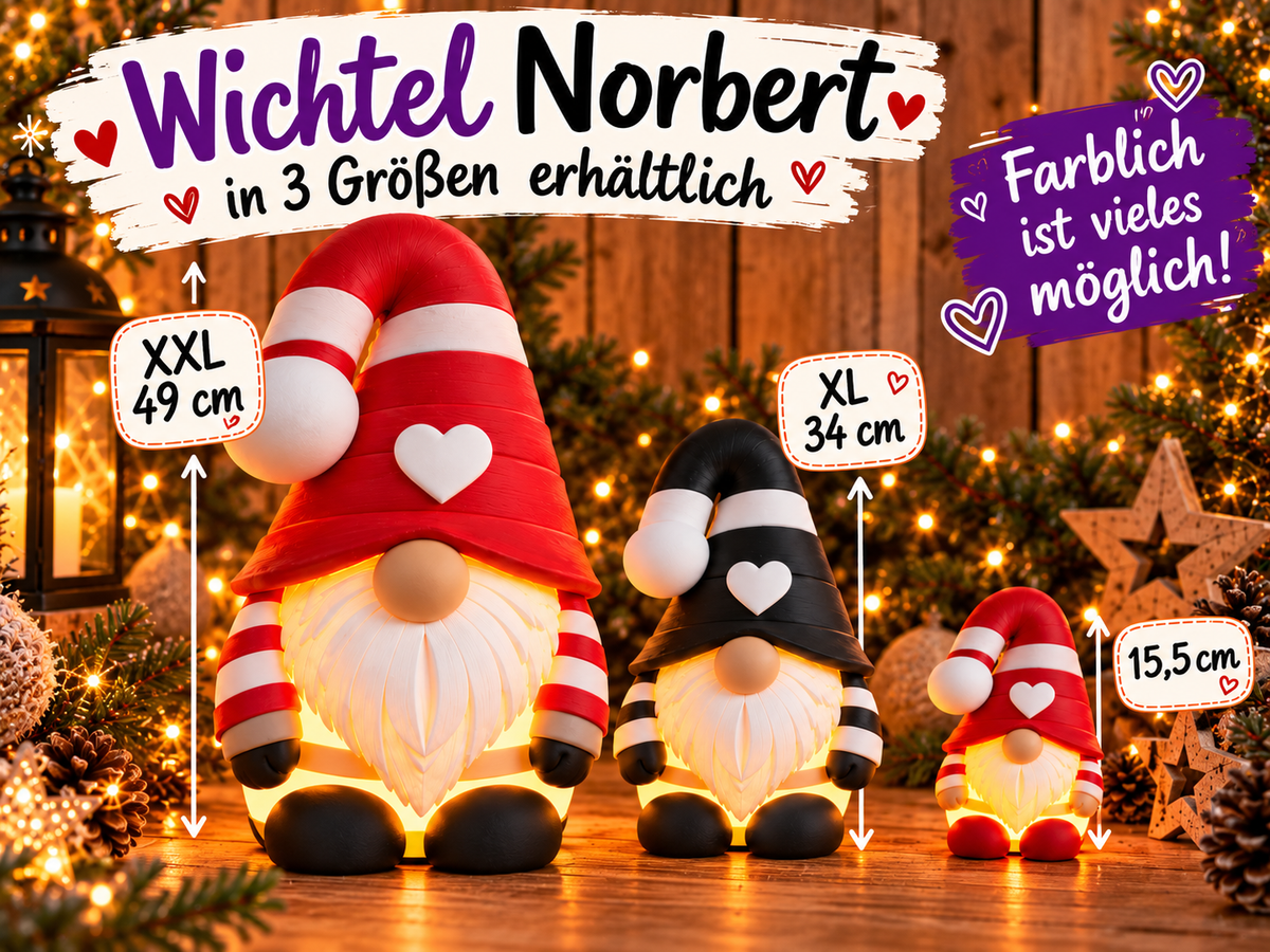 🎄 XXL Weihnachtswichtel mit LED-Lichteffekt – 49 cm | 3D-Druck