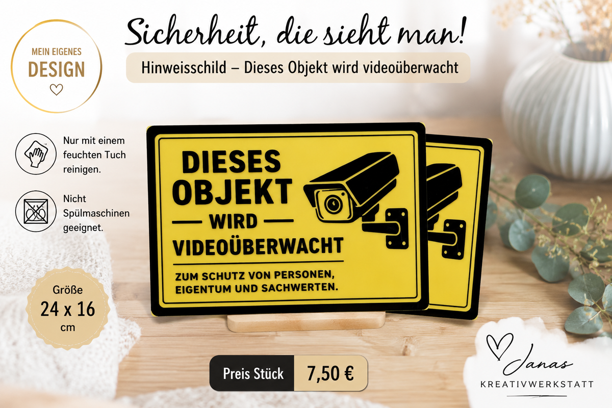 Hinweisschild „Dieses Objekt wird videoüberwacht“ – 3D-gedruckt | 24 × 16 cm