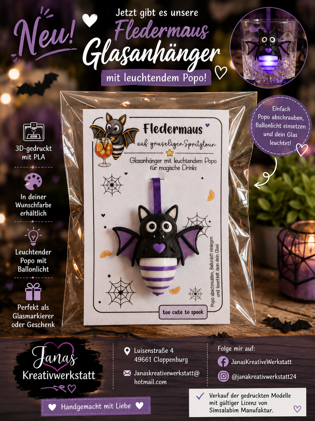 🦇 Neu bei Janas Kreativwerkstatt – Fledermaus Glasanhänger mit leuchtendem Popo! ✨