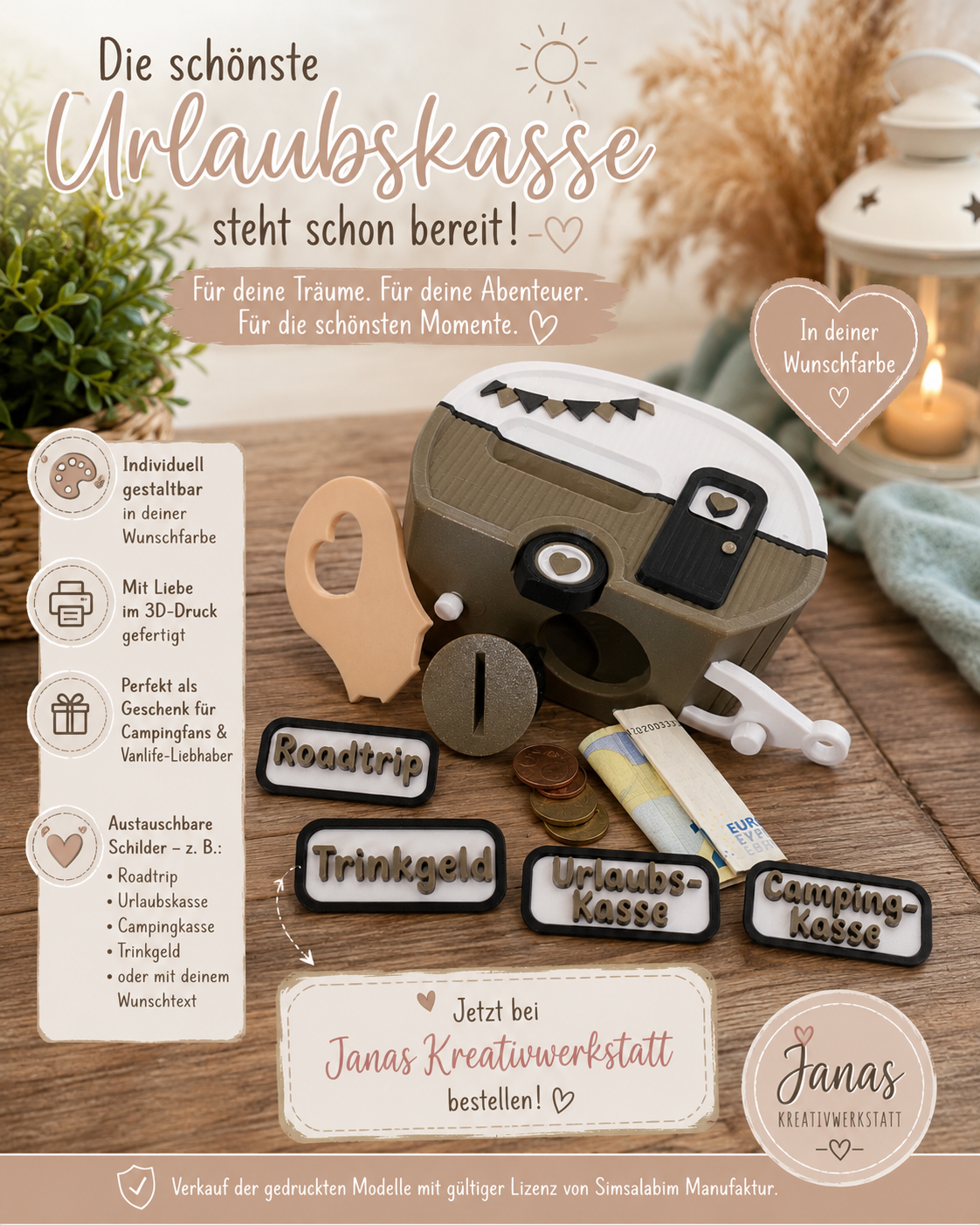 Wohnwagen-Spardose – individuell personalisierbar 🚐🏕️